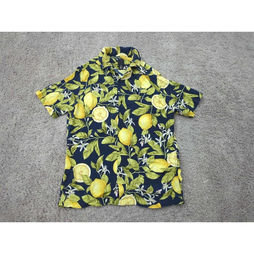 H&M Button Up Shirt Mens S Short Sleeve Camp Collar Lemon Resort Hawaiian